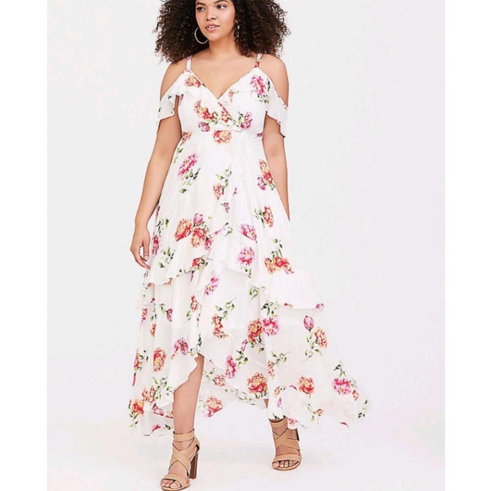 Torrid White Floral Flounce Challis Maxi Dress